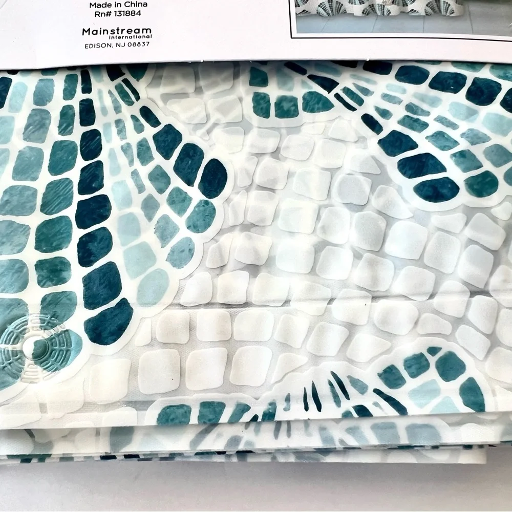 Blue Mosaic Tile Scallop Seashells Peva Shower Curtain Beach Nautical Coastal